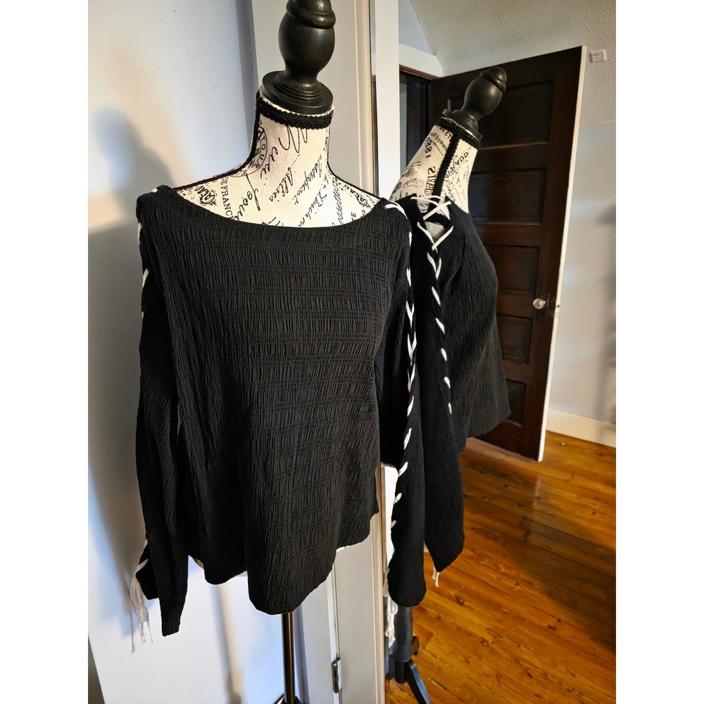 We The Free Free People Smocked Lace Up Sleeve Top Black Small NWT
